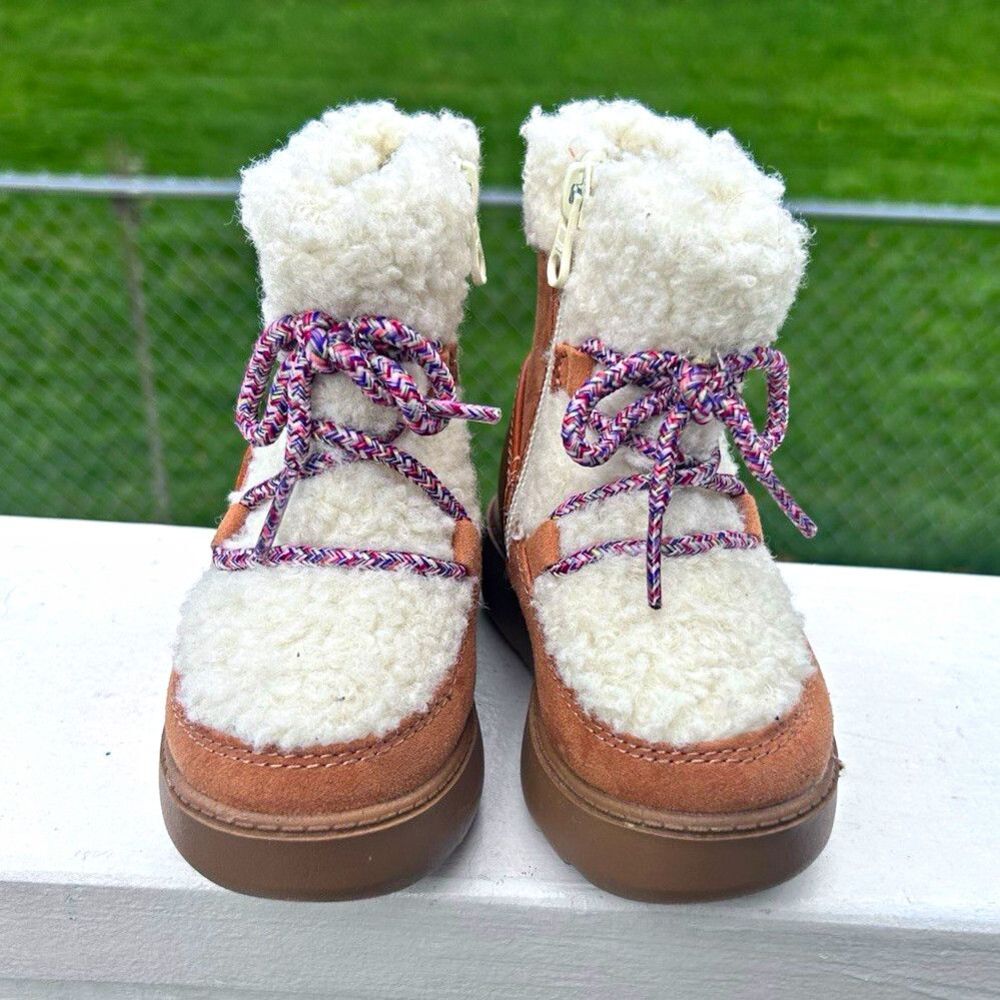 Girls Toddler Size 5 Tan Faux Fur Lace Up Winter Ankle Boots Side Zip